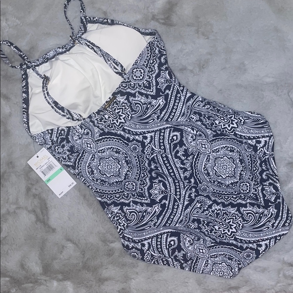 Michael Kors White Blue One Piece Swimsuit Geometric Pattern Paisley Size 8 - Picture 4 of 6